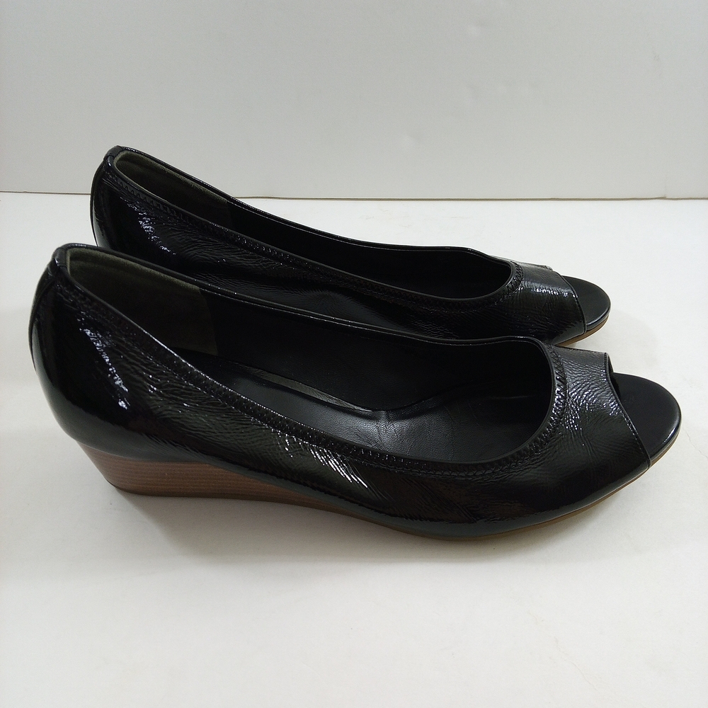 Cole Haan Women 9.5 Black Leather Open Toe Wedge Pumps D37486